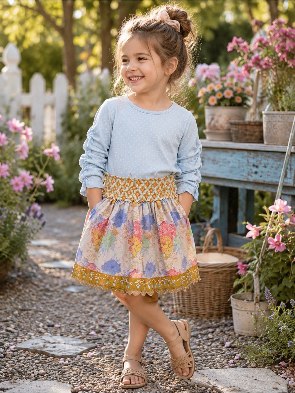 Matilda Jane Girls Floral Ruched Sleeve Smocked Waist Dress GUC size 6 as is